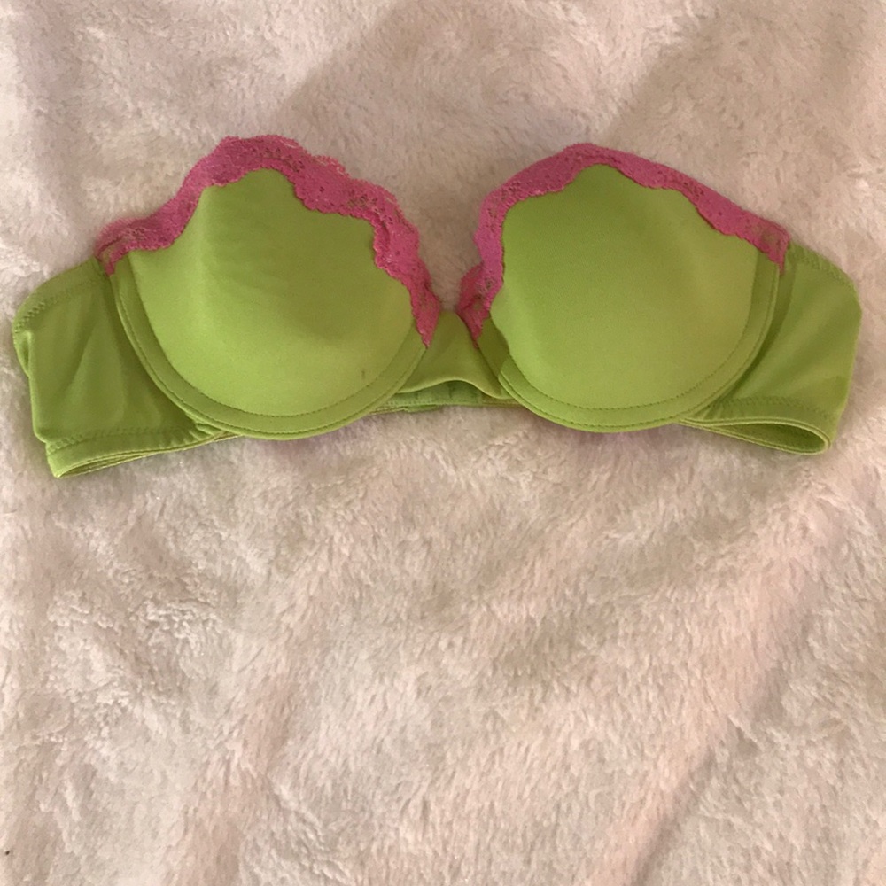Pink and green strapless push-up bra
